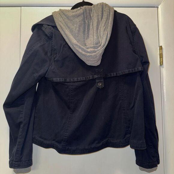 ANTHROPOLOGIE HEI HEI Hooded Utility Jacket Layered Navy Gray Women’s Size Large - Picture 5 of 8